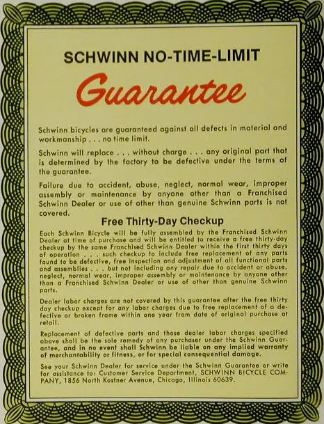 1971 schwinn guarantee