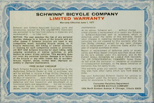 1978 schwinn warranty